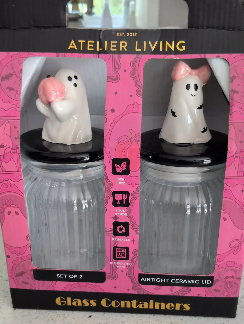 Glass Containers with Pink-Accent Ghost Ceramic Lids - Set of 2